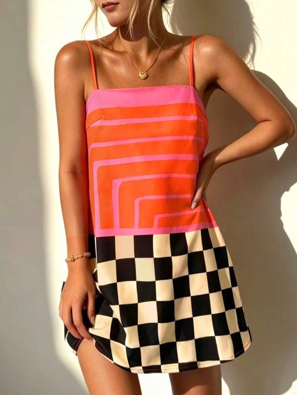SHEIN Pink & Orange Geometric-Block Spaghetti Strap Mini Dress Mod Size S - Picture 1 of 5